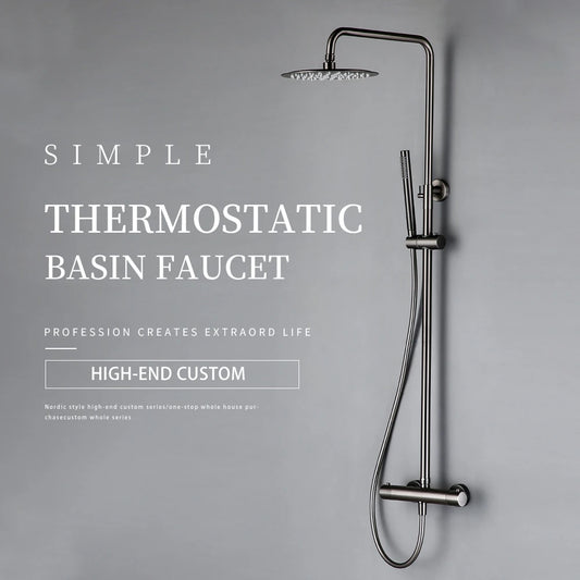 Wall-Mounted Thermostatic Valve System Bagnolux Brushed Gray Brass Rain Faucet  8 - 12" Top Spray Head Bathroom Shower Set
