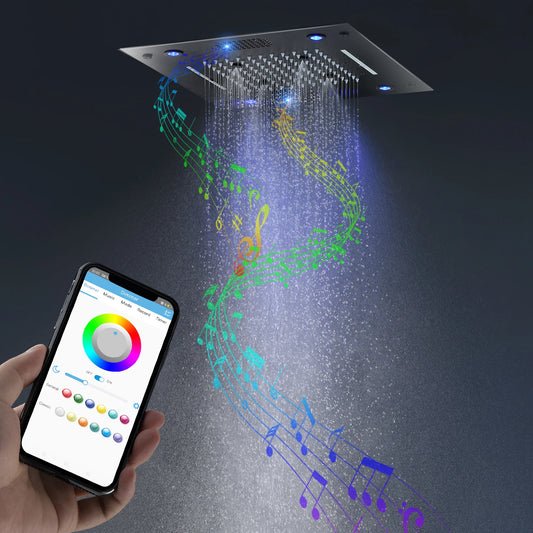 Music Shower Ceiling Recessed 16'' LED rain mist waterfall 3 Functions Shower head Thermostatic Valve Bathroom Faucets