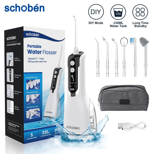 Mouth Washing Machine Schoben Portable Oral Irrigator USB Rechargeable Water Flosser Dental Water Jet 330ML Water Tank IPX7 Waterproof Teeth Cleaner