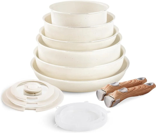 Granite Kitchen Cookware Sets, Stackable Pots and Pans Set, Detachable Handle, Camping Cookware, 13 Pcs