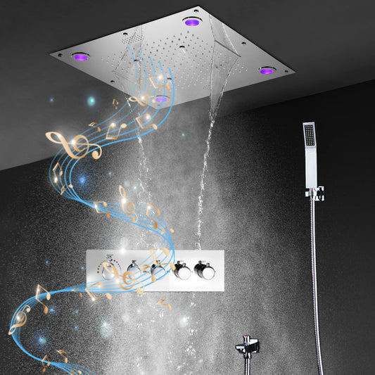 Ceiling Large Rain Mist Waterfall Music Shower Faucets Set 24'' LED Bathroom Thermostatic Chrome System