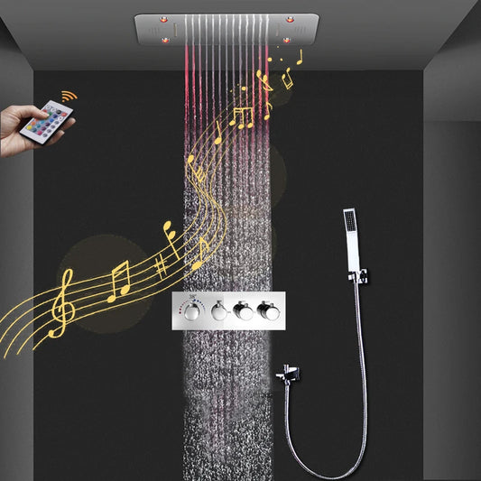 Thermostatic Music Shower Faucets Set Rainfall Waterfall Ceiling Recessed Shower head Electric LED Bath 380 x 580 mm