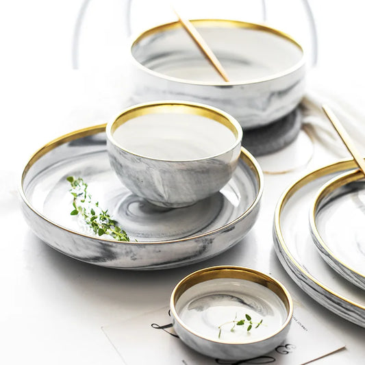 European Marbled Ceramic Tableware Home Deep Plate Soup Bowl Sauce Dish Hotel Restaurant Porcelain Plate Kitchen Utensils Decor