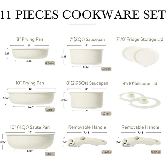 11pcs Pots and Pans Set, Induction Kitchen Cookware Sets Non Stick with Removable,Detachable Handle, RV Cookware Set, Oven Safe