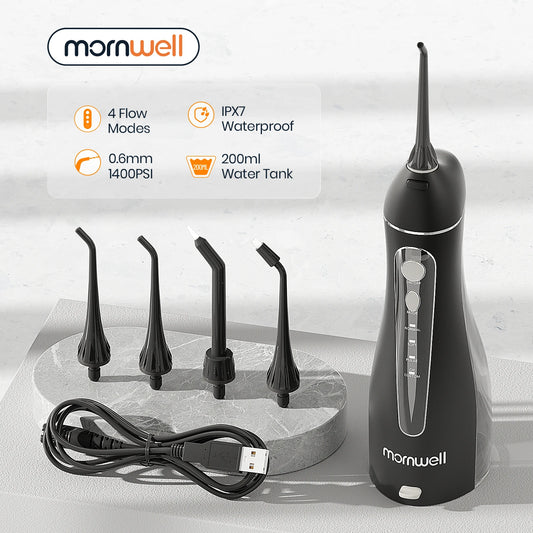 Water Flosser Mornwell Portable Oral Irrigator With Travel Bag Water Flosser USB Rechargeable 5 Nozzles Water Jet 200ml Water Tank Waterproof