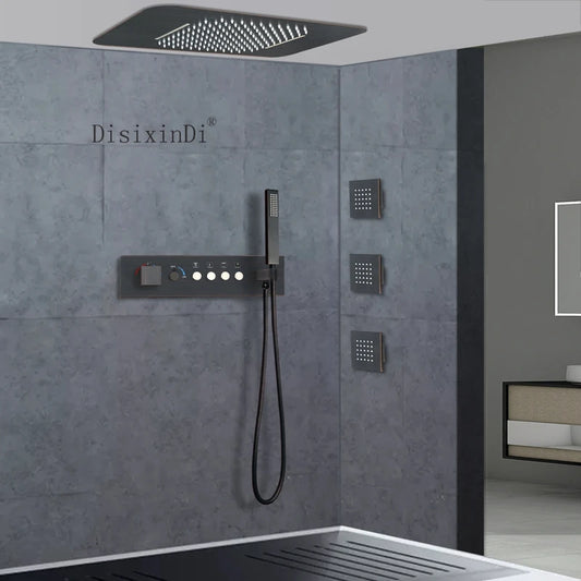 Recessed Ceiling 58*38 cm Rain and Waterfall 64 Color LED Music Shower Head Bathroom Brass Thermostatic Shower Set