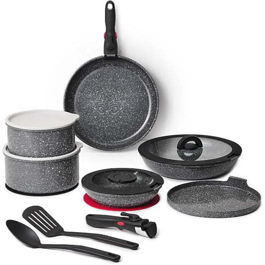 Aluminium Nonstick Pots and Pans Set 16pcs forged from France with detachable Handle Stackable