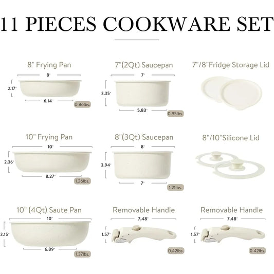 Pots and Pans Set,Nonstick Cookware Sets Detachable Handle,Induction RV Kitchen Set Removable Handle,Oven Safe,Cream White 11pcs
