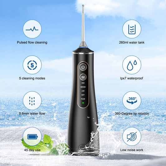 Waterproof Teeth Cleaner SUBORT Oral Dental Irrigator USB Rechargeable Water Flosser Portable Dental Water Jet 260ML Water Tank