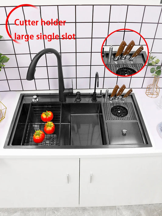 Waterfall Sink Quartz stainless steel Cup Washer Kitchen Stepped Large Single Slot Granite Dish Sink Black